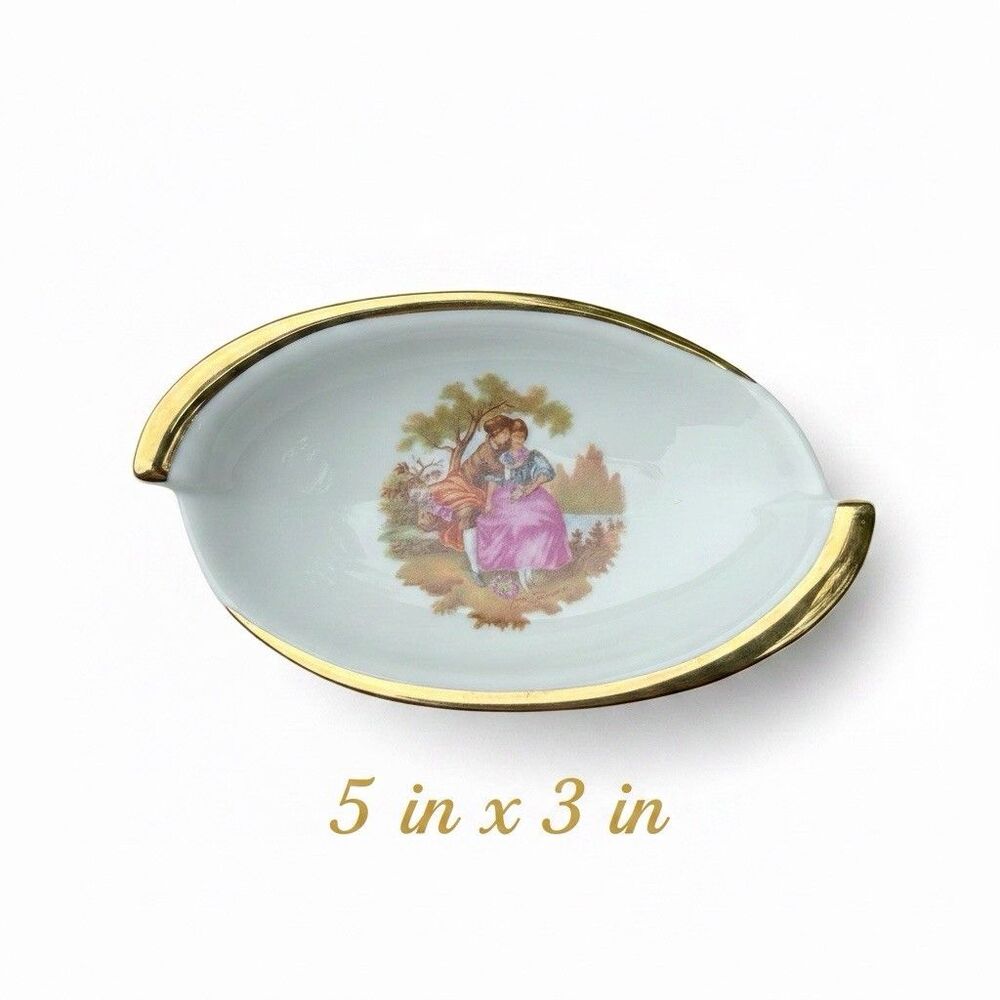 Vintage Limoges France Fragonard Courting Scene Oval Pin Dish Trinket Tray 5"x3"